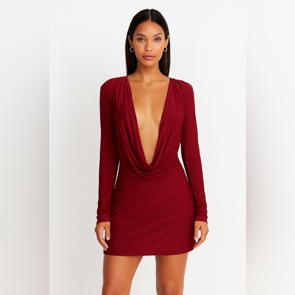 NWT Oh Polly Oakley Red Slinky Plunge Cowl Long Sleeve Bodycon Mini Dress US 14